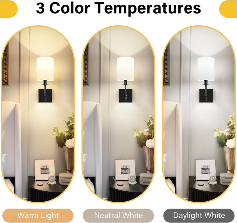 Bosceos 14.5 Inch Black Battery Operated Wall Sconces Set of 2, Rechargeable Wireless Wall Lights with Remote & White Fabric Shade, Indoor Not Hardwired Dimmable Wall Lamps for Bedroom, 2 Bulbs Included - Image 4